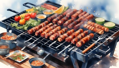 Grill Masterpiece: Sizzling Sausages on the Barbecue in a Vibrant Digital Illustration