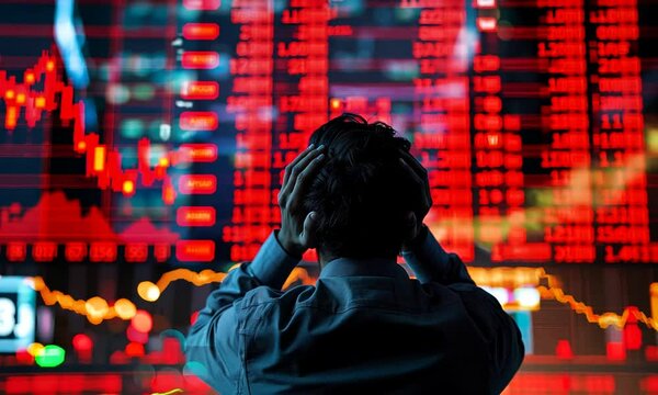 A man holds his head in his hands in front of a large red stock market display.