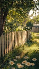 Obraz premium A serene path beside a wooden fence, surrounded by lush greenery and blooming flowers, capturing the beauty of nature.