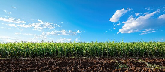 Obraz premium Sugar Cane Field With Blue Sky Background Prolific Sugarcane Plantation