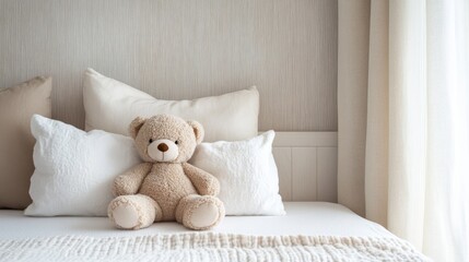Contemporary minimalist nursery featuring soft neutral tones and a teddy bear