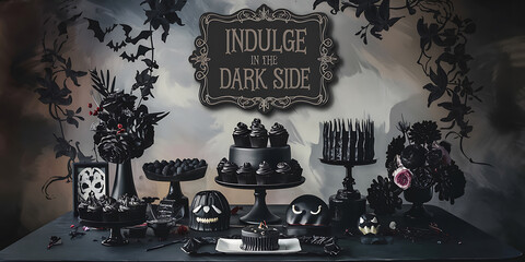 Black and grey Halloween themed dessert table with spooky decorations   