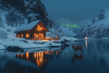Fototapeta premium A Cozy Cabin with Smoke Rising in a Snowy Mountain Landscape under a Starry Sky