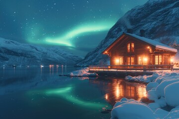 Fototapeta premium Cozy Cabin Under Aurora Borealis and Starry Sky with Mountains and Snowy Landscape