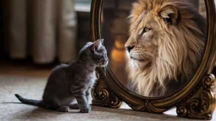 Gray kitten gazing at lion reflection in mirror, digital manipulation