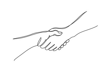 Continuous hand drawn of  two people shaking hands, hands pulling each other isolated on white background, The concept of greeting, encouraging, or helping the other person, vector editable stroke