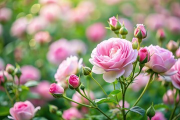 Fototapeta premium Field of delicate pink rosebuds swaying gently in the breeze, bloom, blossom, field, rosebud