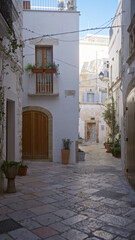 A serene street scene in the old town of polignano a mare, italy, showcasing traditional architecture with stone buildings, potted plants, and a sunlit alleyway.