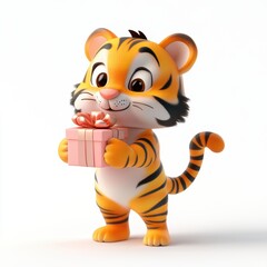 3D rendering cute tiger holding a gift box isolated over white background.