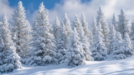 Fototapeta premium Majestic winter scenery featuring snow laden evergreen trees