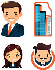 Building and employees business icons