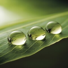 A high-definition macro photograph of crystal-clear water droplets delicately perched on the surface of a vibrant green leaf after a fresh rain.