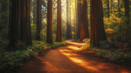 Obraz premium Sunlit forest pathway surrounded by towering trees evoking a peaceful natural atmosphere ideal for hiking and relaxation