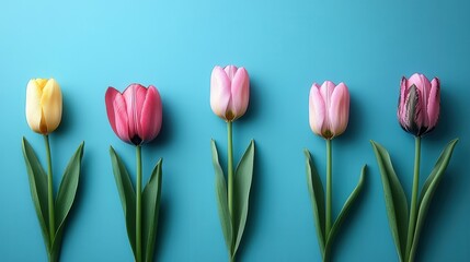 Fototapeta premium A row of five vibrant tulips, including yellow, pink, and purple varieties, is displayed against a striking blue background. This arrangement highlights the beauty of spring flowers, perfect for flora