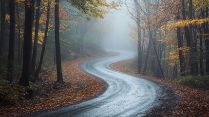 Fototapeta premium A misty pathway winding through the woods with fog and rain obscuring the roadway