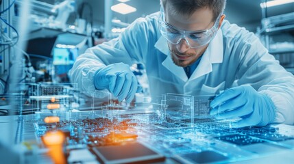 Engineers working on circuit boards in a cleanroom lab, wearing gloves and safety glasses.
