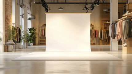 photography editorial , blank banner on the floor in front of clothes shop