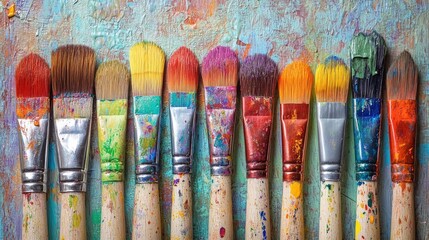 Fototapeta premium Close up of a row of artist paintbrushes on a textured wooden surface showcasing vibrant colors of paint