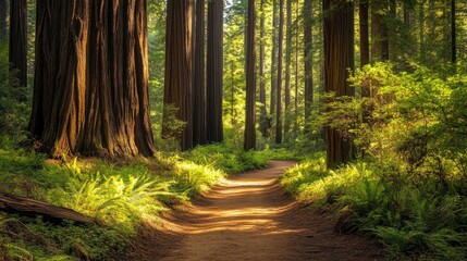 Sunlit forest pathway surrounded by towering trees evoking a peaceful natural atmosphere ideal for hiking and relaxation