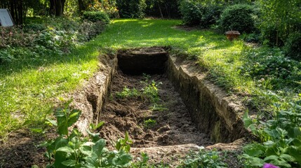 Excavated grave in residential garden Large burial pit in lush home landscape