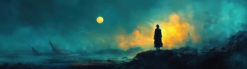 Obraz premium A solitary figure stands against an ethereal, vibrant landscape, illuminated by a dramatic sunset, evoking mystery and intrigue.