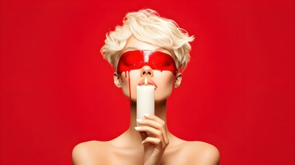 Woman with Blonde Hair and Red Blindfold Holding Candle