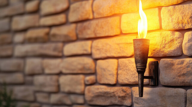 Decorative wall torch with flame illuminating stone wall, creating warm ambiance.