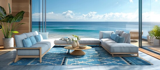 Enhance your home with a serene coastal vibe using this beach house interior photo featuring a modern rug with tranquil ocean hues and patterns giving a relaxed atmosphere with copy space image