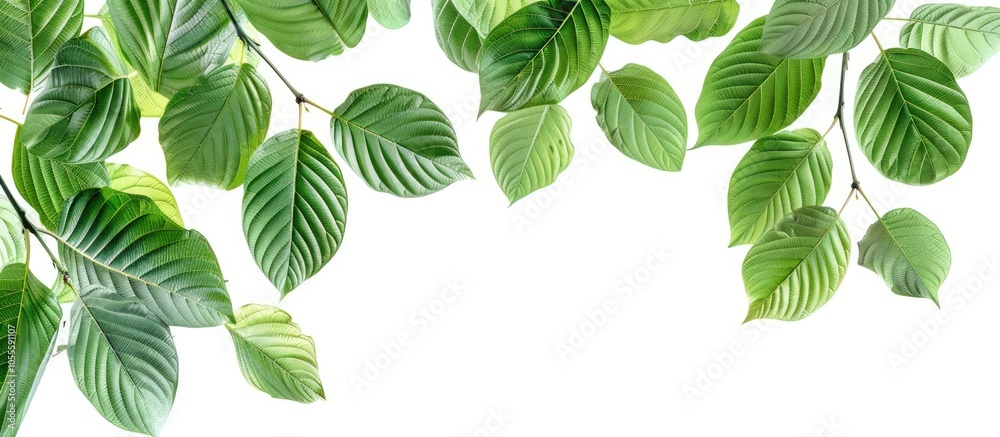 Sticker selective focus on kratom leaves with branches against a white isolated background creating a green 