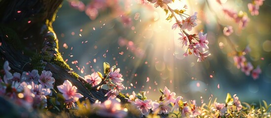 Beautiful cherry blossoms on a cherry tree bathed in sunlight amidst nature s beauty creating a picturesque scene with copy space image available