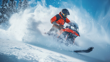 Extreme rider on a snowmobile speeding through fresh snow