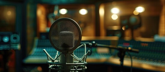 A microphone and pop filter set up in a recording studio with a designated copy space image