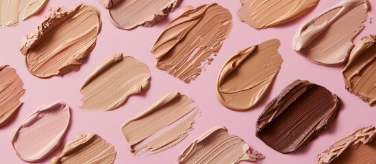 A variety of foundation swatches with different textures on a pink background perfect for a copy space image