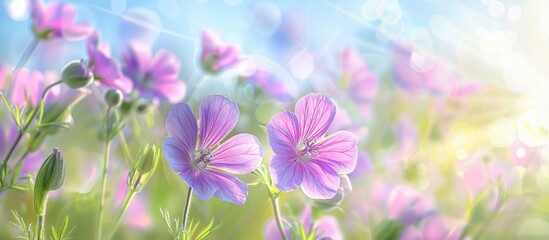 Obraz premium Meadow cranesbill Geranium pratense blooming in a field with ample copy space image