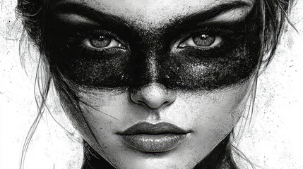 Enigmatic young woman in black masquerade mask sketch