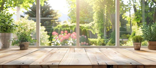 Fototapeta premium A wooden table with a blurred garden view visible through a home window provides ample advertising copy space for product placement