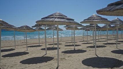 Empty beach with straw umbrellas casting shadows on the sand under a clear blue sky in porto cesareo, puglia, italy