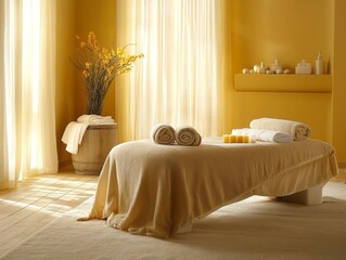 Mustard walls with soft textiles and neutral tones for a serene, relaxing spa environment