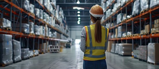 A female manager in business casual attire and reflective safety gear overseeing inventory in a warehouse with a copy space image