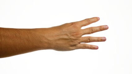 Man's hand with fingers spread isolated against a white background, emphasizing skin texture and detail