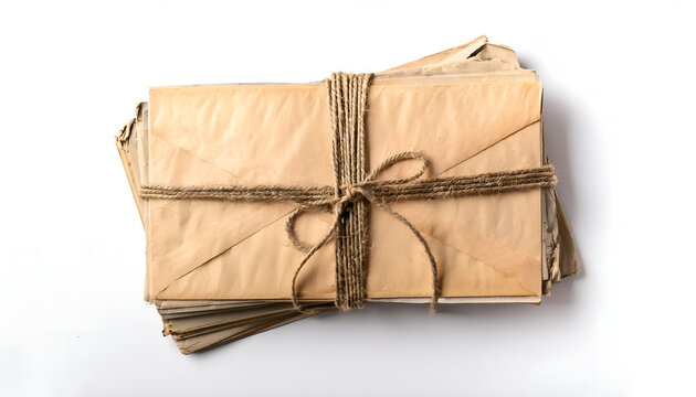 A stack of aged, vintage envelopes tied with rustic twine, symbolizing nostalgia and communication, placed on a white background.