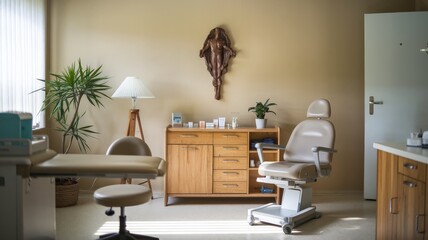 Traditional medical office with examination chair and tribal wall decor