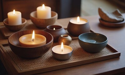 Lit candles in wooden and ceramic candlesticks create a calm and cozy atmosphere for meditation.