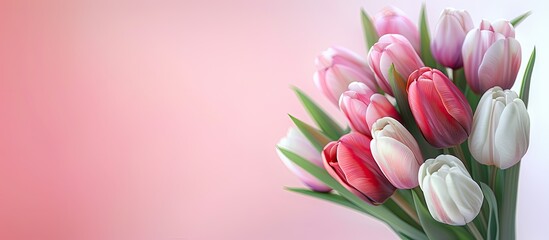 A bouquet of bi color tulips on a soft pink and white gradient background symbolizing Women s Day and Mother s Day Top view image with space for text. Copy space image
