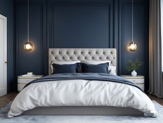 Navy accent walls combined with gray bedding and gold lighting fixtures for a modern, luxurious feel