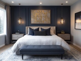 Navy accent walls combined with gray bedding and gold lighting fixtures for a modern, luxurious feel