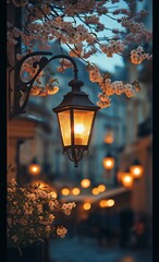 Vintage style street lantern surrounded by cherry blossoms, glowing warmly against a twilight sky