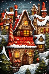 Fototapeta premium Santa Claus village at North Pole. Doodle drawing design. Generative Ai