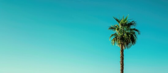 Obraz premium A solitary palm tree stands against a vibrant blue sky in the photo s right side providing copy space for text
