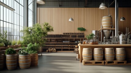 Fototapeta premium Wooden barrels in a bustling brewery, filled with rich beer and surrounded by brewing equipment and barrels stacked high, photorealistic
